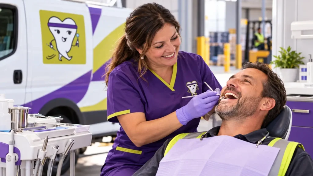 Shift worker receiving an on-site dental hygiene examination from a Dental Care in Motion hygienist